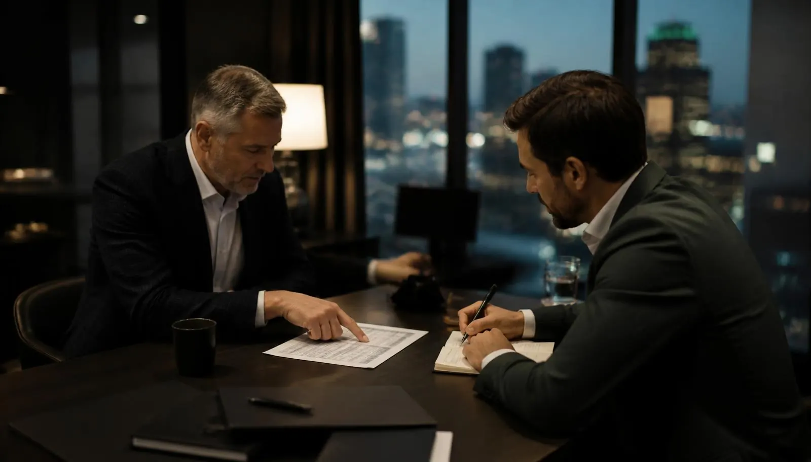 Two advisors reviewing cannabis financial documents together in a dark advisory office overlooking Santa Fe at dusk