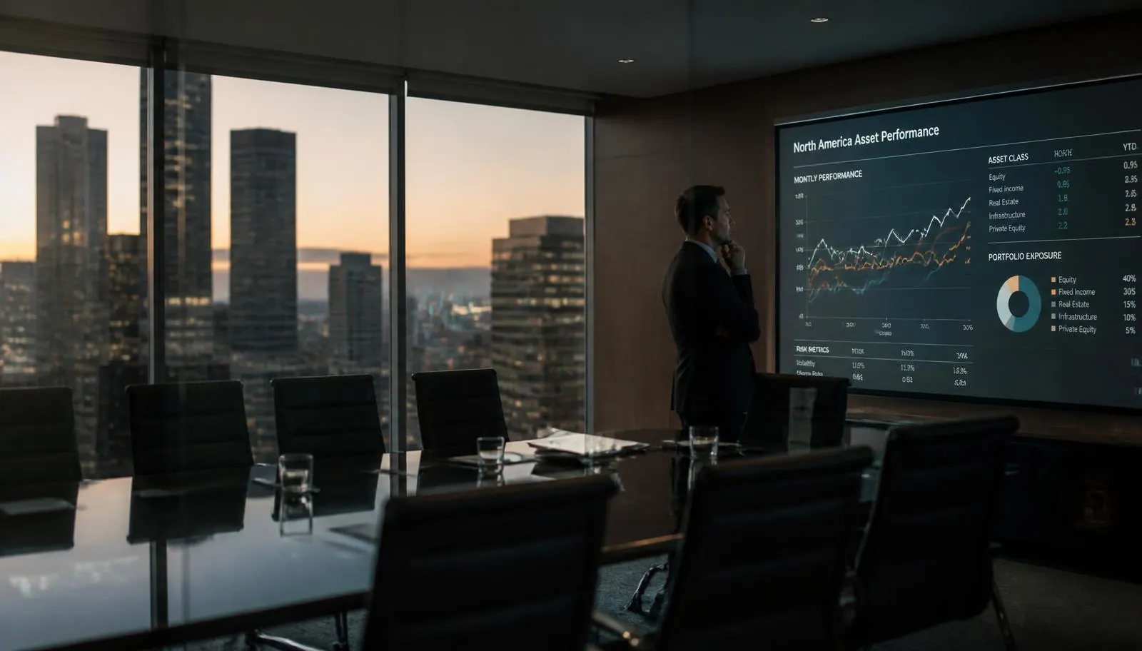 Fractional CFO strategy session reviewing cannabis financial projections in a glass boardroom above downtown Albuquerque at dusk