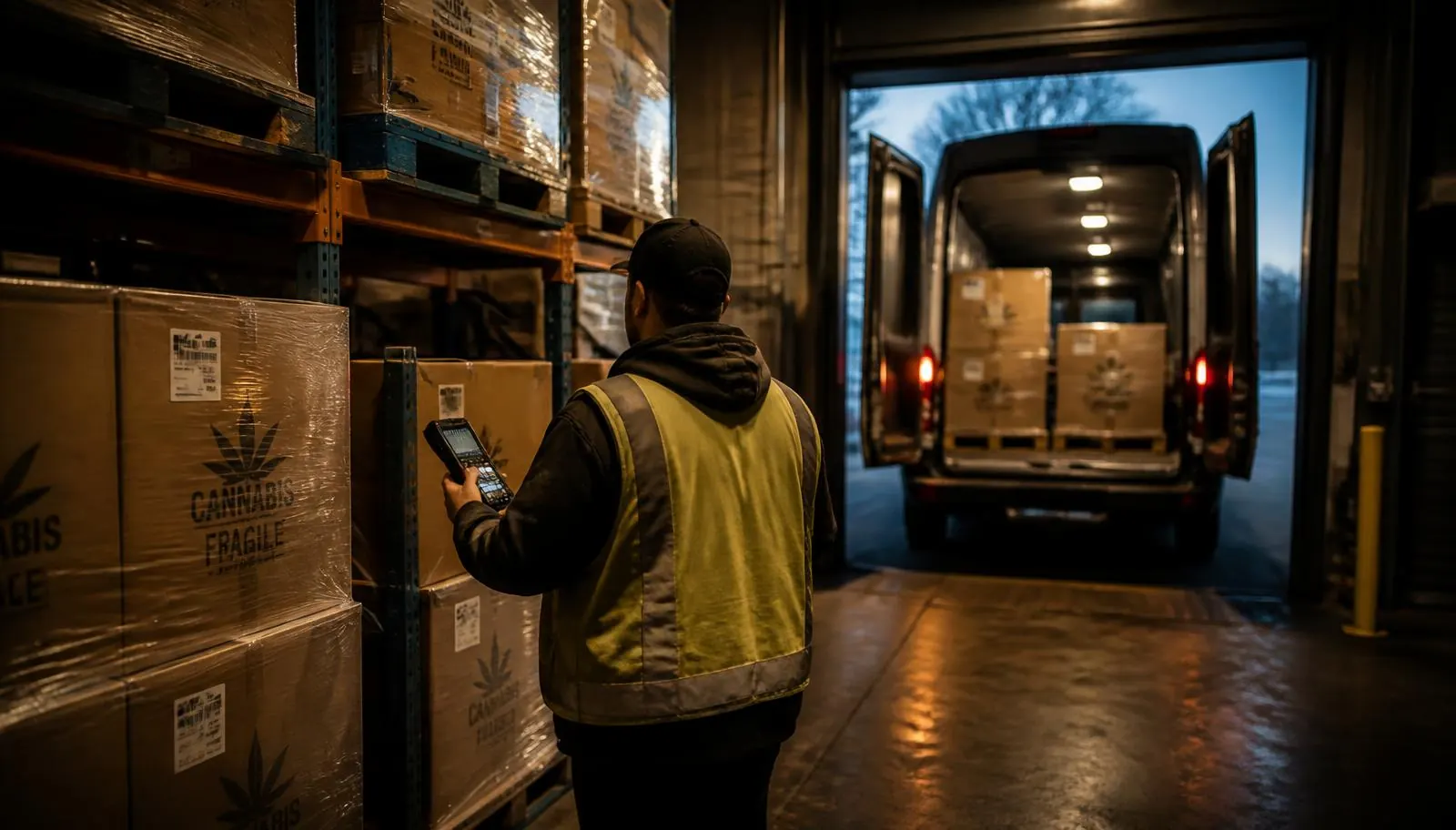 Cannabis production warehouse with palletized inventory, secure racking and a courier vehicle bay