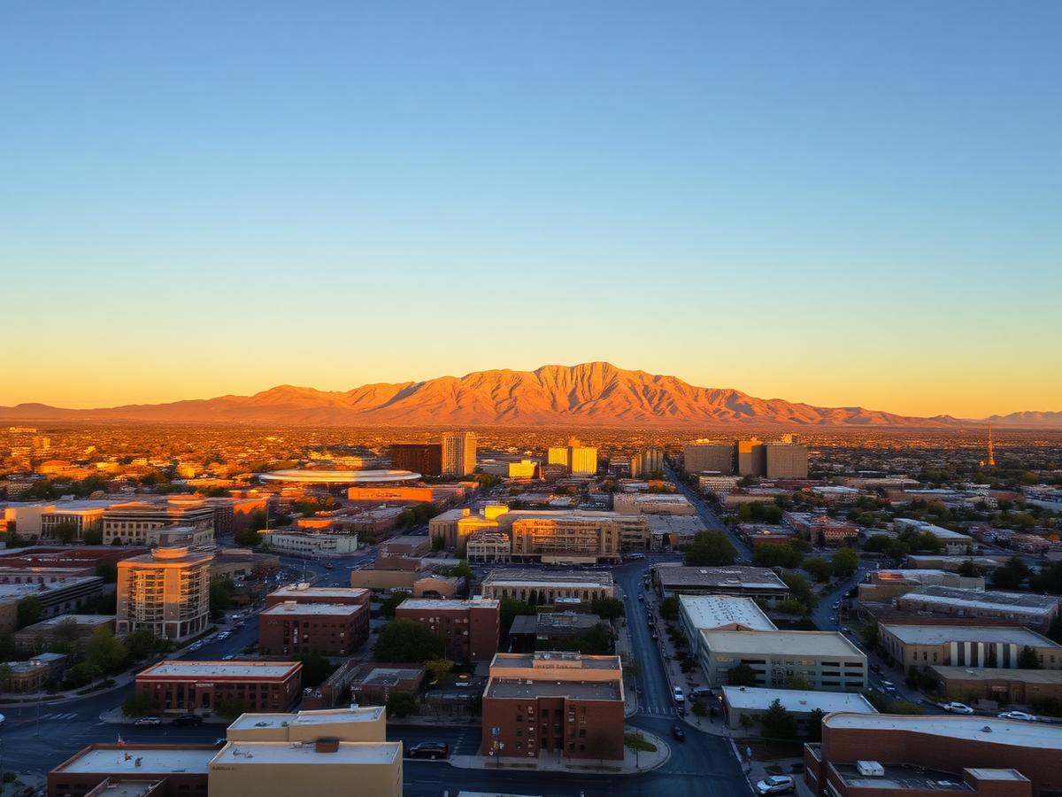 Downtown Albuquerque skyline at golden hour with the Sandia Mountains rising behind the city