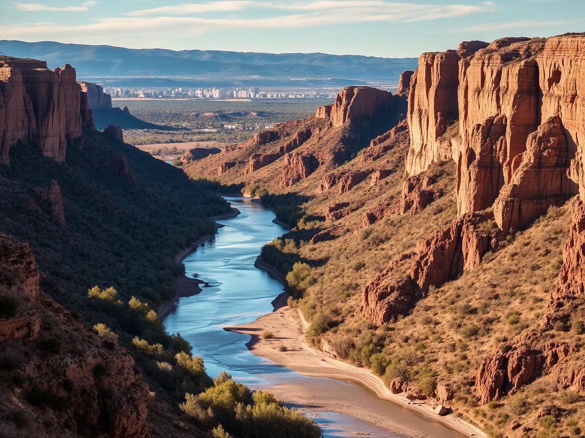 The Pecos River winding between limestone bluffs toward Carlsbad, New Mexico