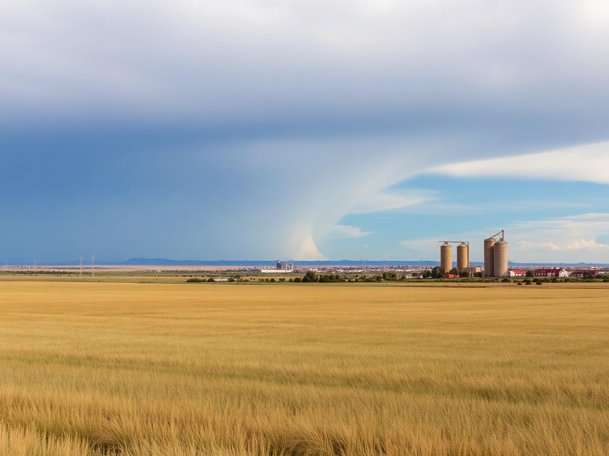 Eastern New Mexico high plains grassland and grain elevators near Clovis under a wide sky