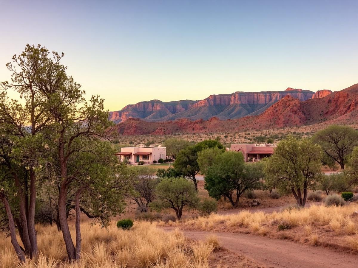 Northern New Mexico valley near Española with adobe homes, cottonwoods and red mesas at dusk