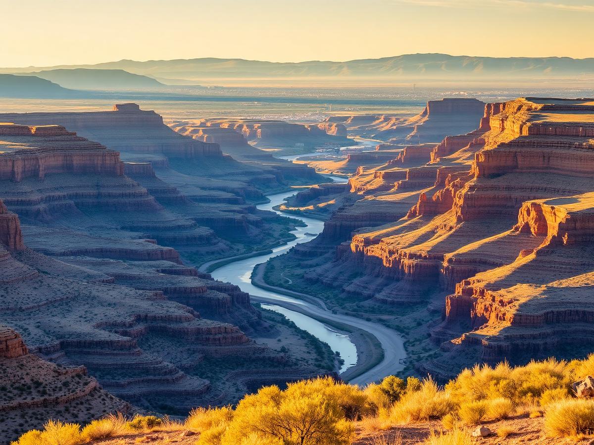 River canyon and layered mesas of the San Juan basin near Farmington, New Mexico
