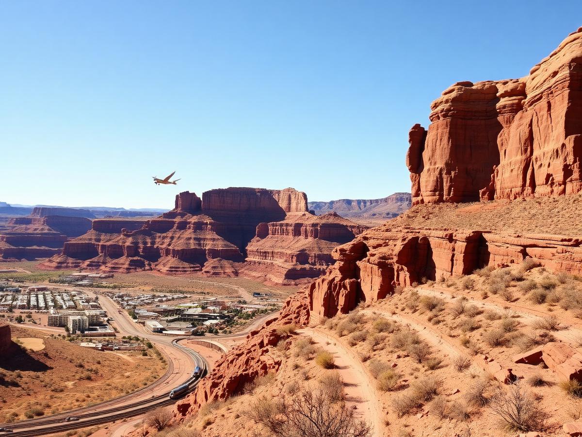 Red sandstone cliffs above the railroad and townsite at Gallup in western New Mexico