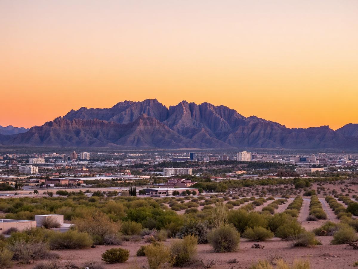 The Organ Mountains standing above the Las Cruces valley at sunset