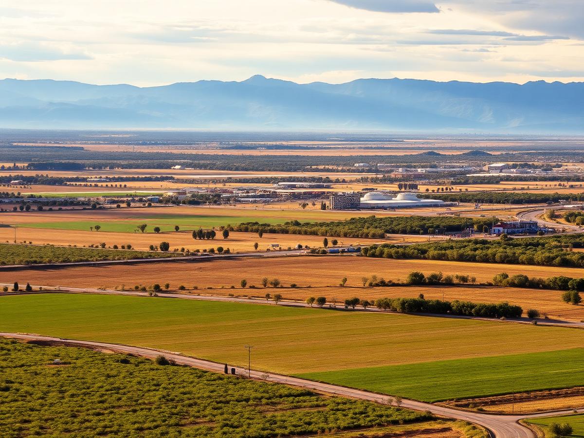 Rio Grande valley farmland and commercial development near Los Lunas in Valencia County