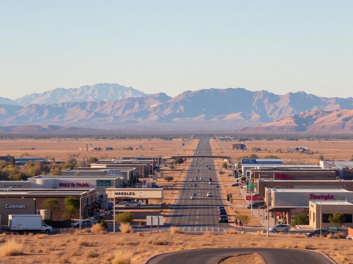 Commercial corridor on the Rio Rancho mesa with distant mountains under morning light