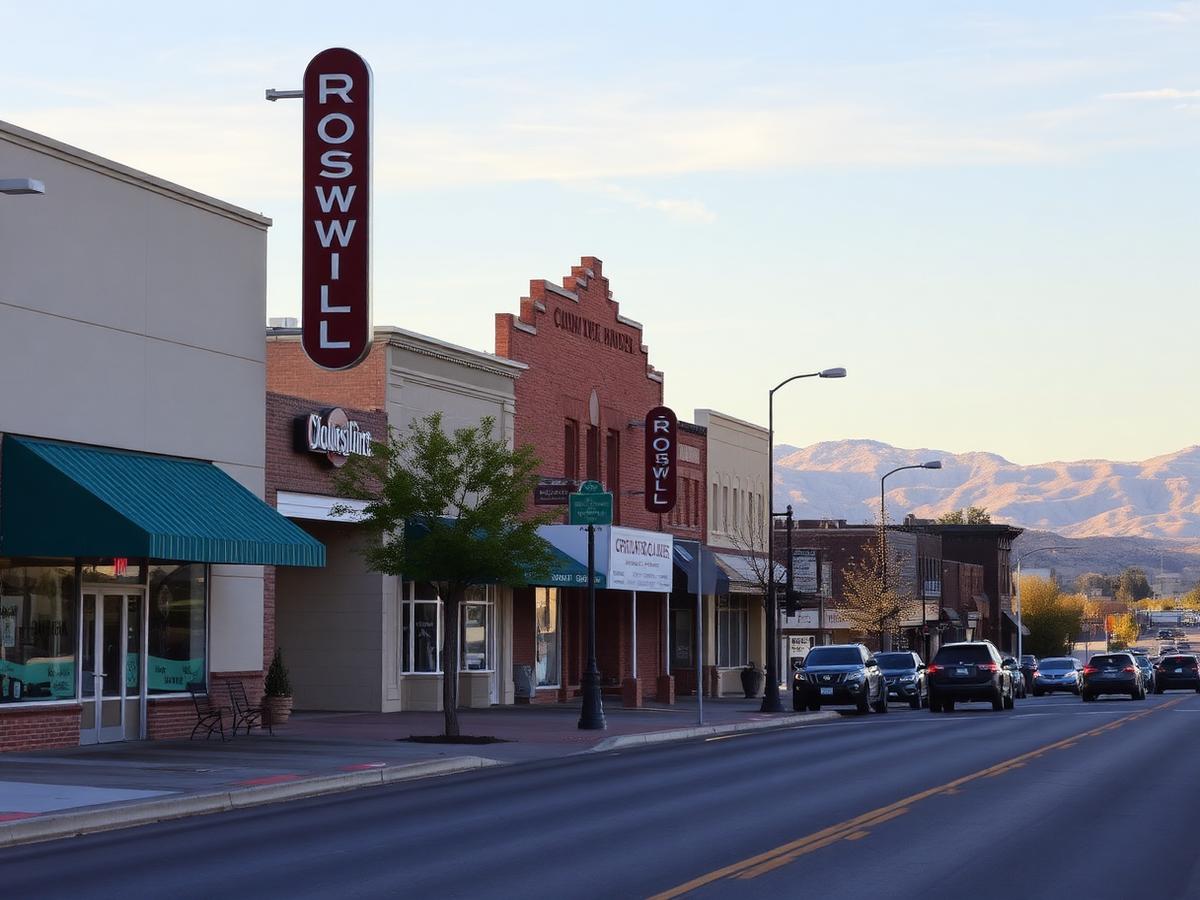 Brick storefronts along a main street business district in Roswell, New Mexico