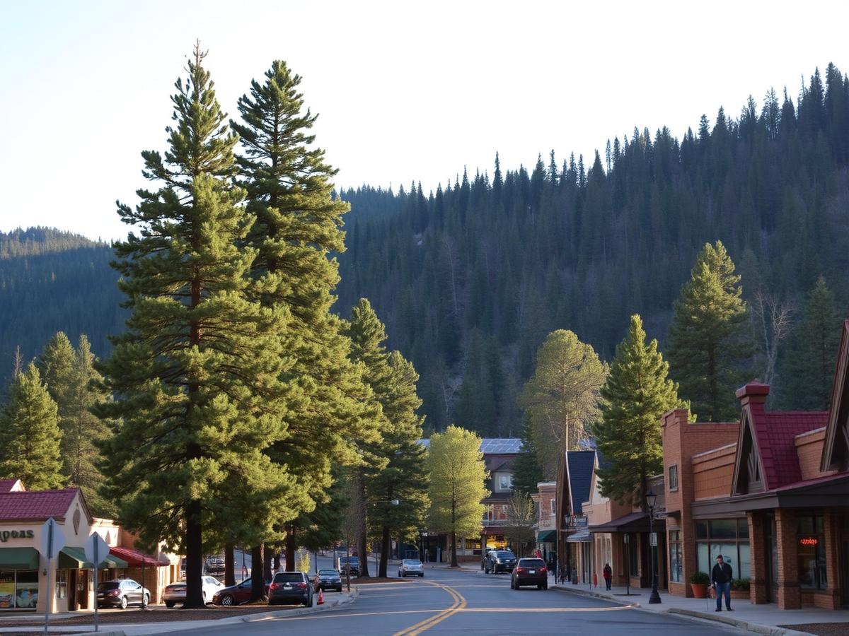 Pine-lined village street in Ruidoso beneath the forested Sacramento Mountains