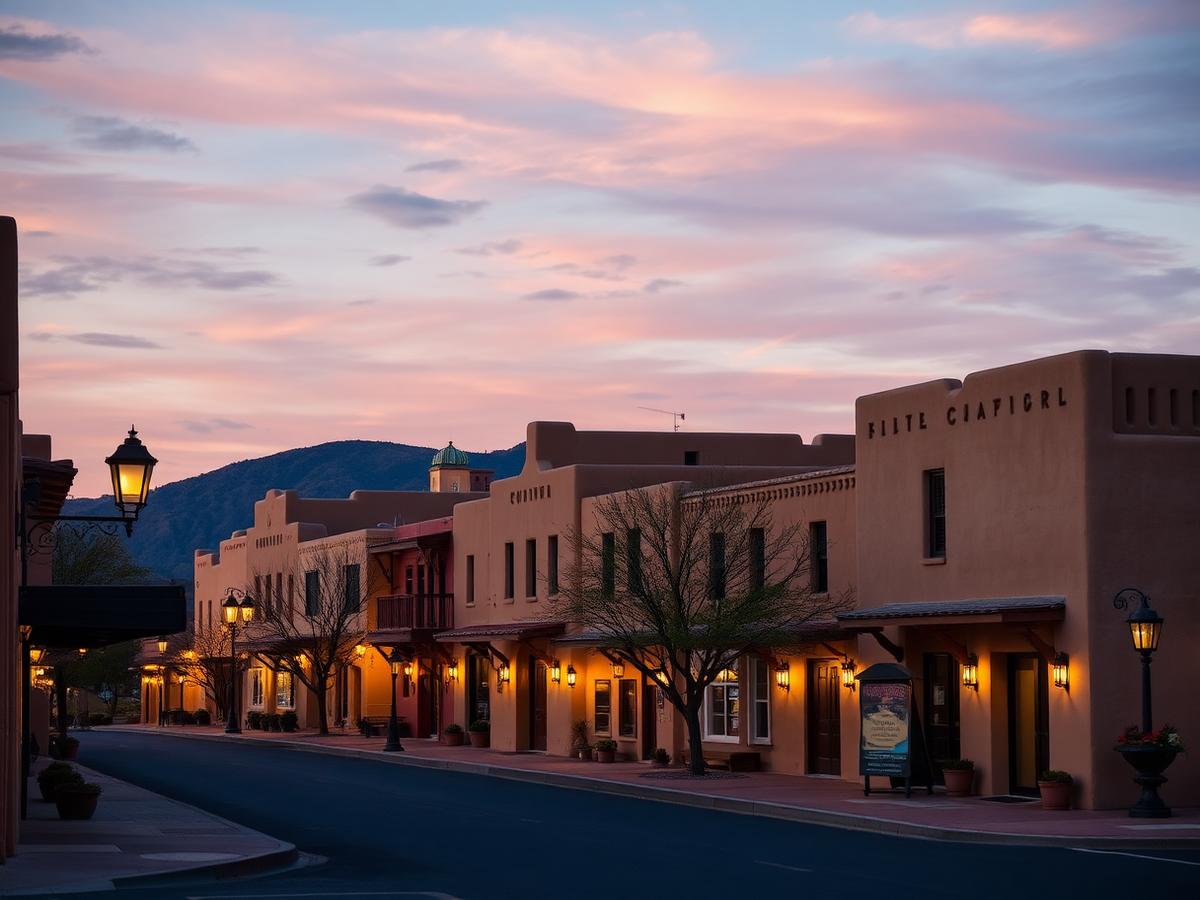 Adobe Pueblo Revival storefronts along a Santa Fe street at dusk