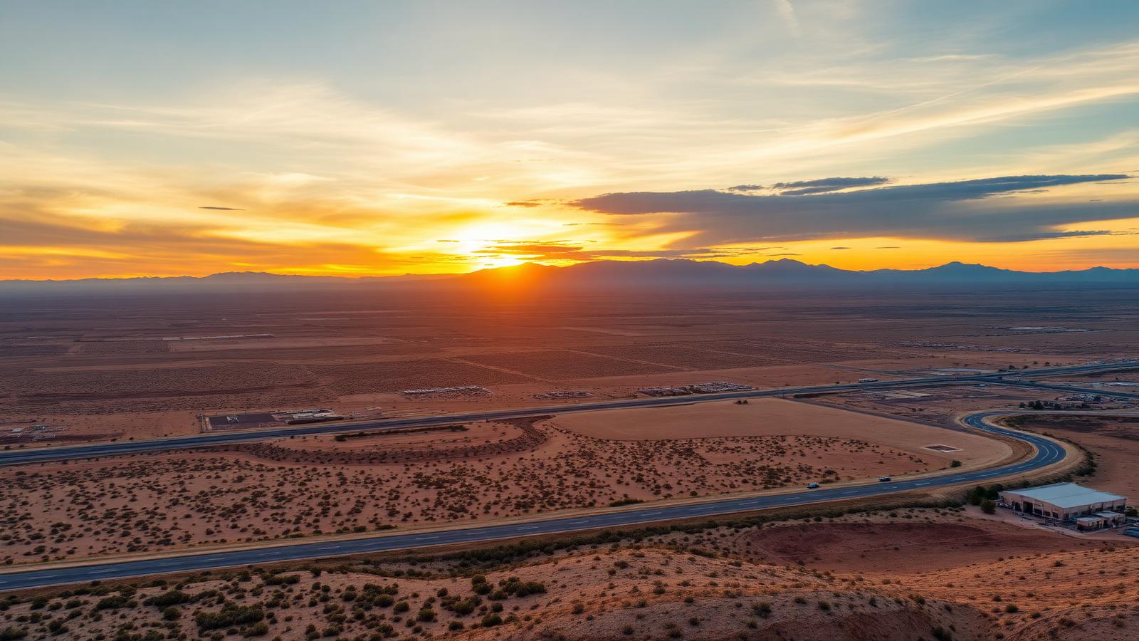 New Mexico high desert at sunrise with distant mountain ranges and an interstate corridor
