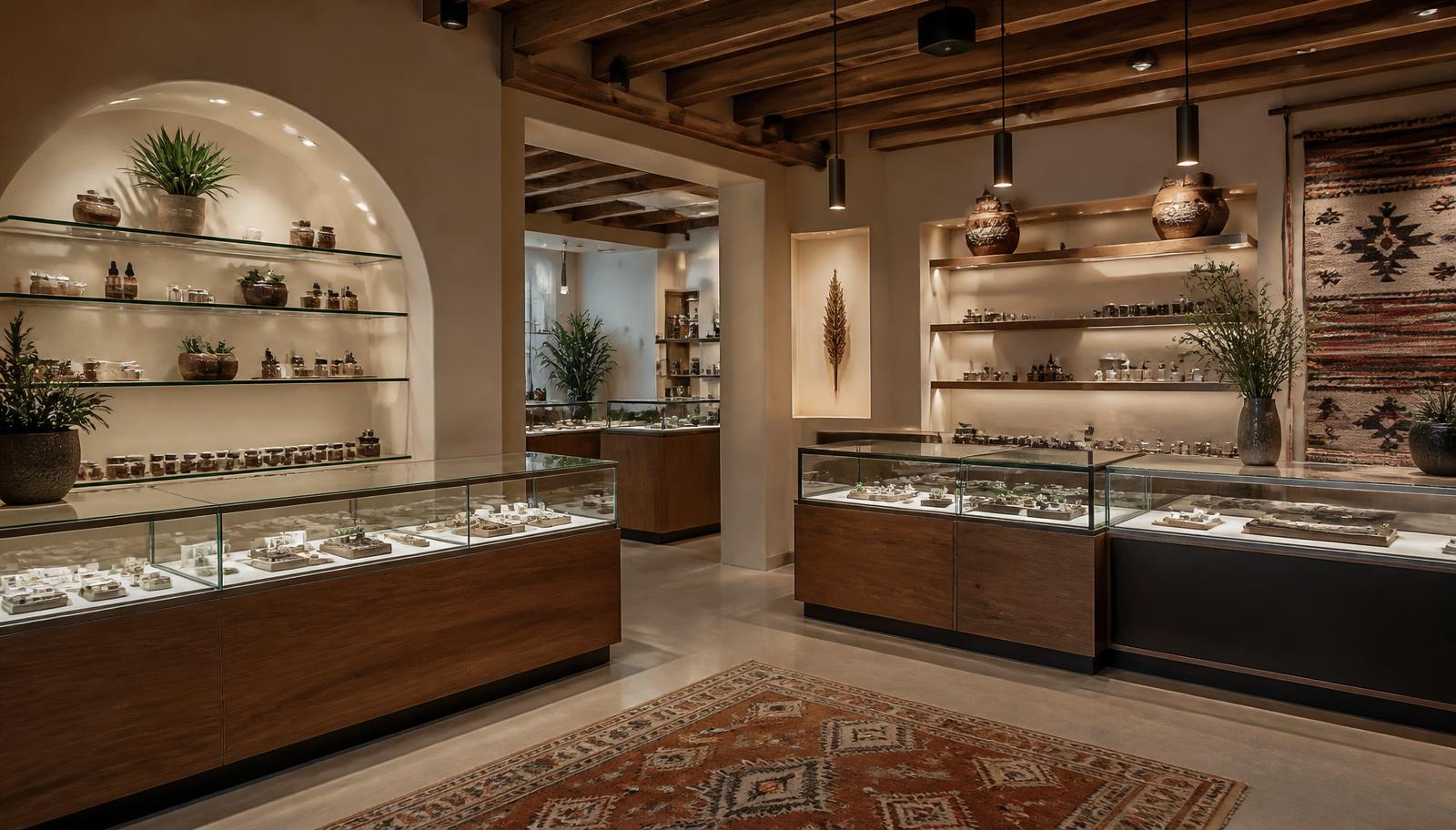 Modern licensed New Mexico cannabis dispensary interior with adobe walls, Southwestern textiles and lit glass display cases in Santa Fe