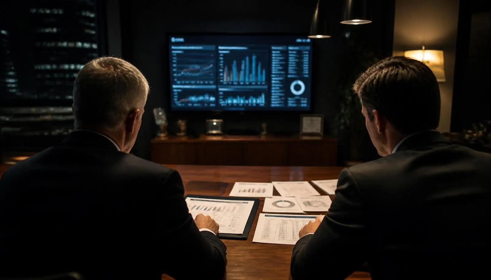 Cannabis accountants reviewing financial reports and margin analytics on screen in a dark executive office overlooking the Sandia Mountains